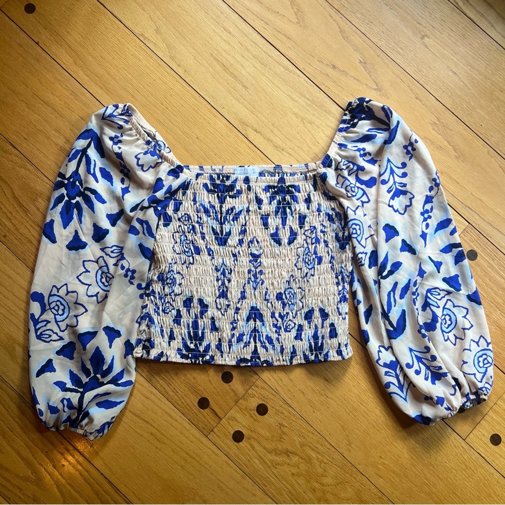 Sienna Sky Blue and Beige Floral Smocked Women's Top